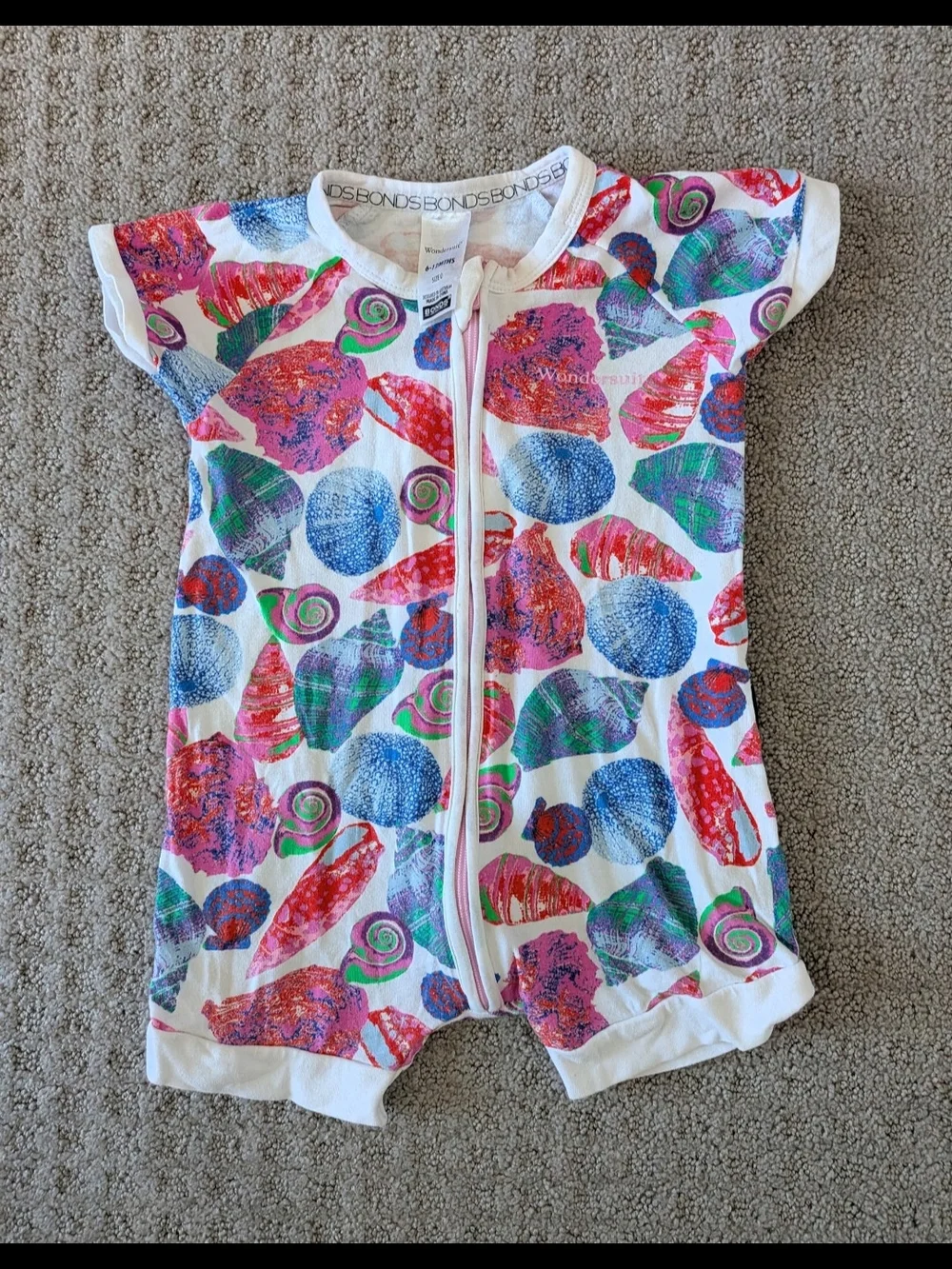 Bonds Wondersuit Zippy White Shell-Print Zip Front One-Piece 6-12 Months